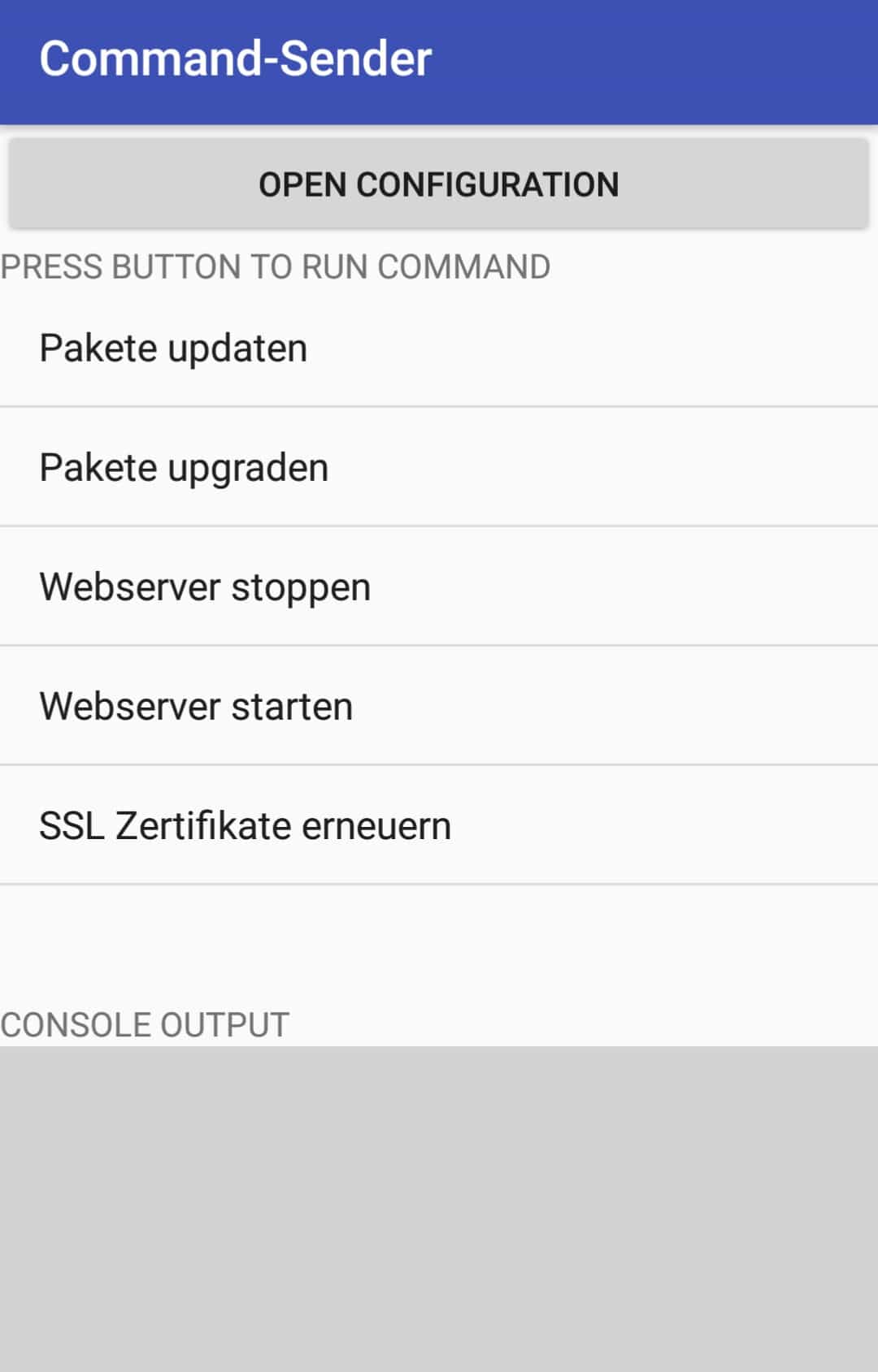 Screenshot der Startseite der Command-Sender App